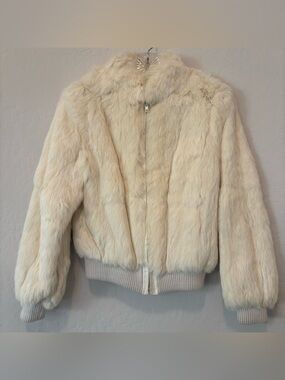 White 100% Rabbit Fur Coat Bomber Jacket Size Medium Vintage Genuine Fur